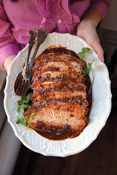 Turkey in Mole Poblano  Recipe - Saveur.com Mole Poblano, Authentic Mexican Recipes, Rick Bayless, Mole Sauce, Bean Chili, Turkey Recipes Thanksgiving, Sliced Turkey, Savory Sauce, Savory Recipes