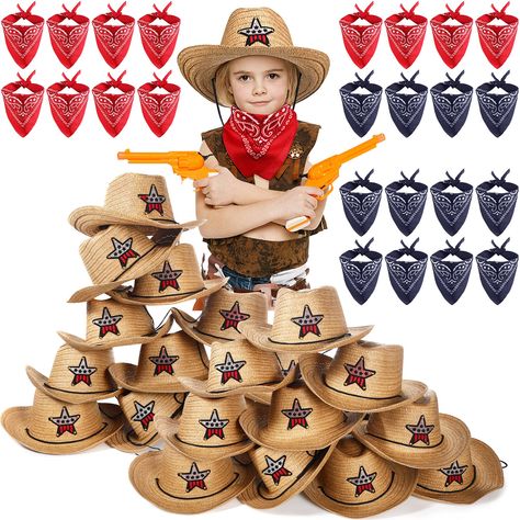 PRICES MAY VARY. Cowboy Costume Accessories: you will receive 24 pieces of cowboy hats and 24 pieces of paisley bandanas in red and blue colors, 48 pieces in total, sufficient quantity and style can meet your kid's dressing needs Paisley Bandana: the cowboy bandanas feature nice sweat absorption, which can keep your child dry and comfortable after the workout, and also help keep their tousled hair looking cool; Besides, they can be applied as exquisite decorations to match your kid's clothing an Western Theme Birthday Party, Kids Cowboy Hat, Straw Cowboy Hats, Kids Cowboy Hats, Straw Cowgirl Hat, Cowboy Accessories, Cowboy Theme Party, Rodeo Party, Hat For Kids