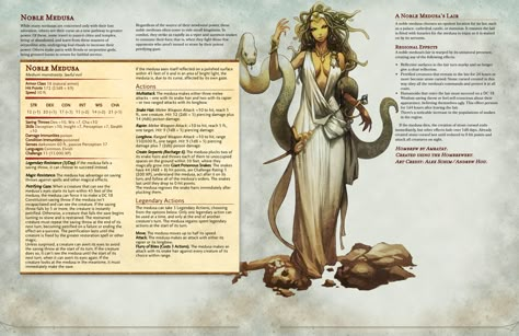 The stone-cold beauty of the medusa gets an upgrade!! Introducing the Noble Medusa, a legendary variant of the standard medusa!!! 5e : UnearthedArcana Worldbuilding Races, Homebrew Monsters, Greek Monsters, 5e Monsters, Dnd Stats, Cold Beauty, Dnd Monster, Dnd Creatures, Monster Manual