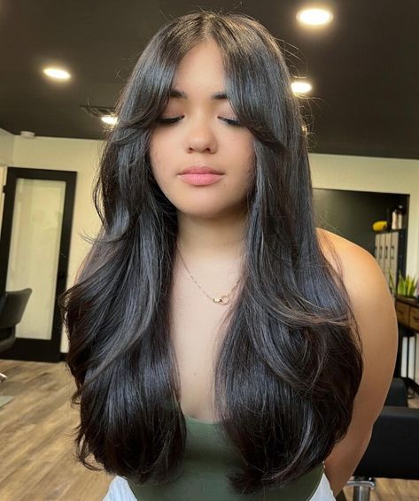 Shiny Long Hair with Face Framing Bangs for Round Faces Round Face Hairstyles Long, Bangs For Round Face, Face Framing Bangs, Hairstyles For Layered Hair, Long Layered Haircuts, Round Face Haircuts, Haircuts Straight Hair, Long Hair With Bangs, Long Layered Hair