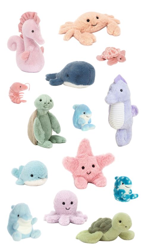 Sea Animal Jelly Cats, Beach Stuffed Animals, Jellycat Sea Creatures, Beachy Jellycats, Ocean Stuffed Animals, Ocean Jellycat, Beach Jellycat, Jelly Cat Stuffed Animals, Ocean Room Decor