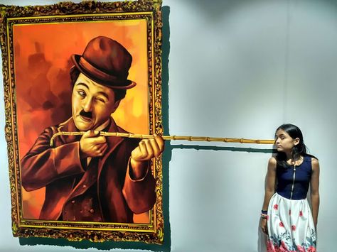 3d Art Paining of Charles Chaplin Paintings On Wall, Brain Teasers Pictures, 3d Art Museum, Amazing Optical Illusions, Chris Gayle, Funny Optical Illusions, 3d Art Painting, 3d Paintings, 3d Wall Painting