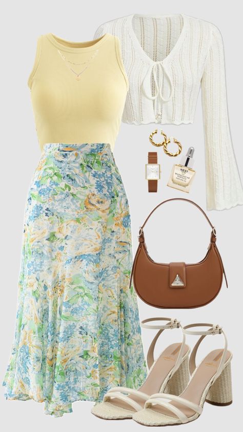 #easter #springoutfit #spring #summer #outfit #modest #modestfashion #outfitinspo #yellow #skirt #vintage #church #cardigan #aesthetic Vintage Summer Outfits, Modesty Outfits, Modest Summer, Cute Modest Outfits, Modest Summer Outfits, Shein Outfits, Modest Fashion Outfits, Mode Inspo, Cute Simple Outfits