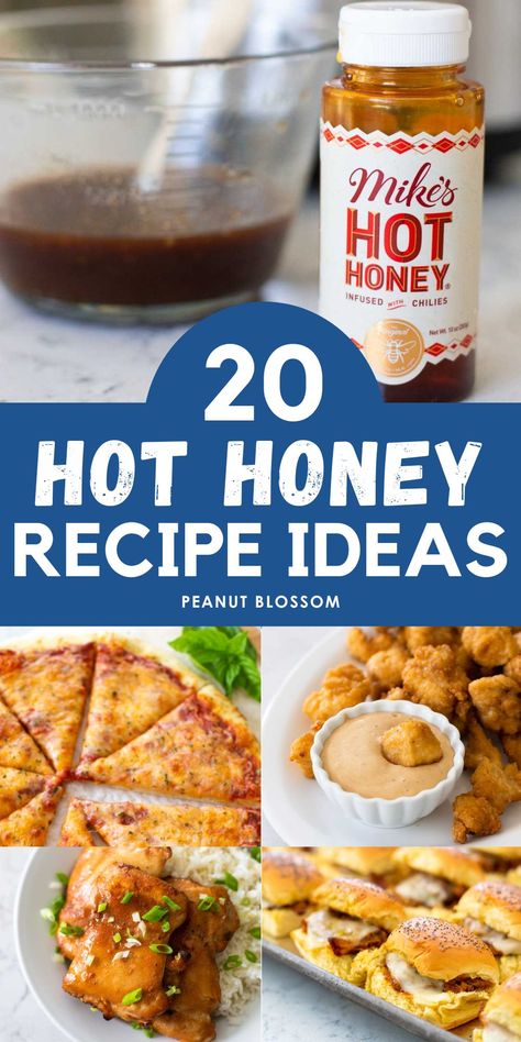 Grab a bottle of the new condiment everyone is talking about: chili infused hot honey. You'll want to drizzle it over all these delicious dinner recipes including fried chicken, pizza, sticky sliders, and spicy sauces. So easy and SO delicious. Recipes With Spicy Honey, Dishes With Honey, Hot Honey Meal Ideas, Hot Sauce Dinner Recipes, Snacks With Hot Sauce, Hot Honey Food Recipes, Hot Honey Meals, Hot Honey Bread, Hot Honey In Recipes