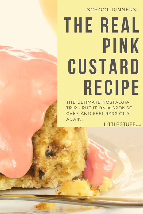 Pink Custard Recipe - 80s School Dinners Recipes - What was it with pink custard? Lusciously gorgeous in colour and texture and comfort factor – I always thought that pink custard was simply yellow custard with some food colouring in. Not So! Recently I have discovered why whenever I make some, it simply never looks or tastes the same as memory tells me it did in the 70’s.  A recent tip-off has alerted me that it is actually a  little more devious… I tried it. It works. It so, SO works. School Dinners British, School Dinner Puddings, School Dinner Recipes Old Uk, School Deserts, School Puddings, 1980 School, Pink Custard, Old School Puddings, 1980s School