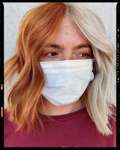 Copper and White Hair Color Idea Split Dyed Hair Copper And Blonde, Blonde And Copper Split Hair, Split Dye Blonde And Ginger, White And Copper Hair, Strawberry Blonde Split Dye, Copper Blonde Split Dye, Copper And Blonde Hair Split, Copper And Blonde Split Dye, White And Ginger Hair