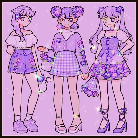 Purple Outfits Drawing, Purple Clothes Drawing, Sketched Outfits, Purple Summer Outfits, Draw Outfits, Gentlemen Outfit, Cookie Basket, Aesthetic Journaling, Magical Girl Outfit