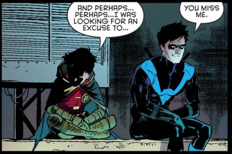 Honestly, I think Nightwing was more of a father to Robin than Batman. Love their relationship. Nightwing (2016) issue 20 Robin And Nightwing, Red Robin, Batman Comic Art, Im Batman, Dc Memes, Tim Drake, Batman And Robin, Damian Wayne, Batman Family