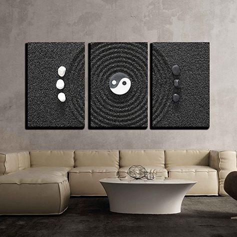 wall26 - 3 Piece Canvas Wall Art - Zen Garden in Black Sand - #HomeDecor #Zen #Relaxing #Peaceful #FungShui #Office #Home #Bedroom #LivingRoom #Ideas #Gifts #DIY Chinese Wall Decor, Serenity Garden, Modern Home Art, Zen Stones, Chinese Wall, Modern Asian, Yin And Yang, Hanging Posters, Black Sand