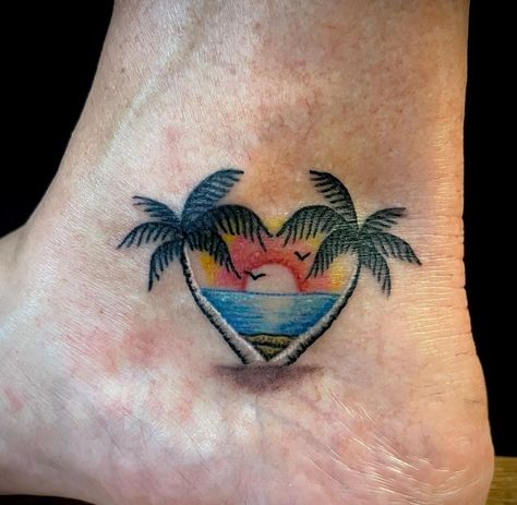 Beach Sunset Tattoos For Women, Beach Themes Tattoos, Hawaii Symbols Tattoo Ideas, Bahama Tattoo Ideas, Island Life Tattoo, Beach Lover Tattoos For Women, Palm Tree Heart Tattoo, Beach Heart Tattoo, Beach Memorial Tattoo