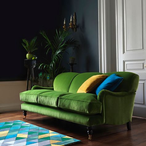 Velvet sofas - Our pick of best | Ideal Home Apple Green Sofa Living Room Ideas, Home Library Green, Moss Green Sofa, Moss Furniture, Green Fabric Sofa, Velvet Couch Living Room, Library Green, Moody Room, Velvet Sofa Living Room