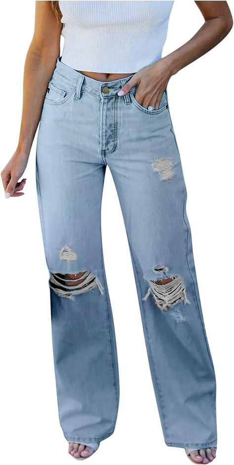 Women's Ripped Flare Bell Bottom Mid Waist Destroyed Bootcut Flared Jean Wide Leg Denim Pants Loose Y2k Streetwear Womans Jeans, Jean Wide Leg, Black Maternity Jeans, Light Blue Ripped Jeans, Wide Leg Denim Pants, Black Flare Jeans, Ripped Boyfriend Jeans, Denim Pants Women, Pants Loose