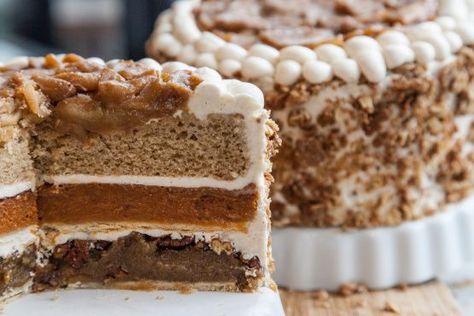 Thanksgiving PieCaken Recipe - Food.com Piecaken Recipe, Impressive Desserts, Cake Board, Spice Cake, Thanksgiving Desserts, Night Party, Buttercream Frosting, Rice Krispie Treat, Cake Pans