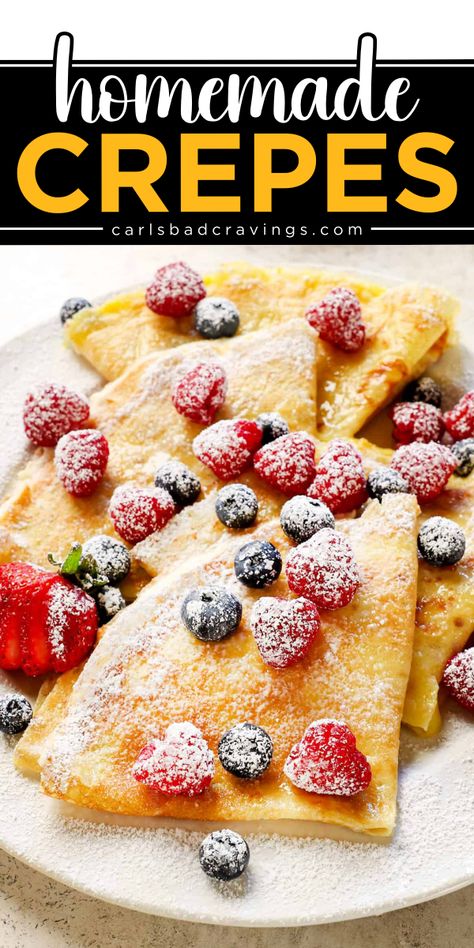 Learn how to make crepes at home! 8 ingredients are all you need for this holiday breakfast recipe. Whether paired with sweet or savory fillings, these homemade crepes are a delicious Christmas brunch menu idea! Strawberry Crepe Recipe, Easy Crepes Recipe Simple, Crepe Breakfast Ideas, Crepe Filling Ideas Sweet, Crepes Recipe Easy Filling, Crepes Brunch, Crepes Recipe Easy, French Crepes Recipe, Strawberry Crepes Recipe