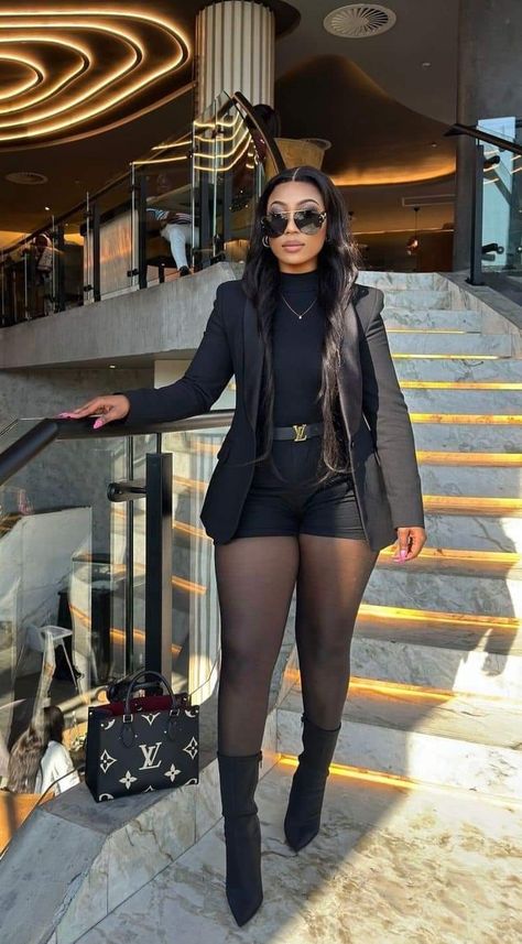 Work Outfits With Black Tights, All Black Date Night Outfit Black Women, Cute Fall Club Outfits, Black Cute Outfits Classy, Blazer And Fishnets Outfit, Black Cocktail Party Outfit, Stocking And Shorts Outfit, Black Boots Club Outfit, Casual Day Outfits Black Women