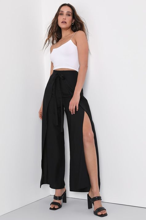 Pants With Side Slits, Split Pants, Wrap Pants, Fashion Design Patterns, Culotte Pants, Lulu Fashion, Dressy Pants, Flowy Pants, Silk Pants