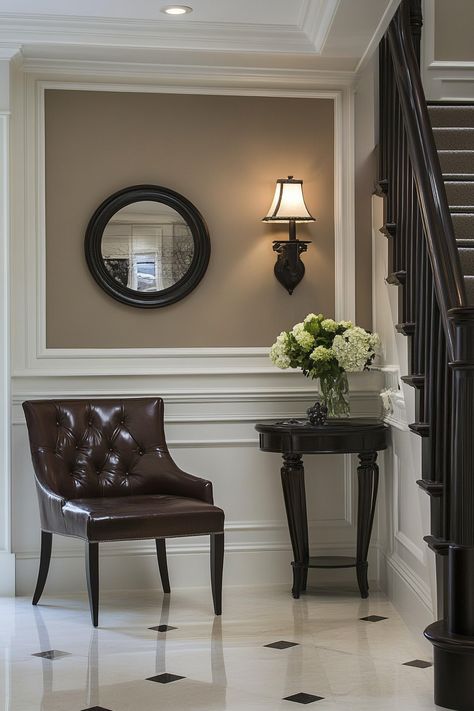 Make An Entrance: 13 Stylish Foyer Decor Ideas - DreamyHomeStyle Foyer With Wainscoting Entryway, Ralph Lauren Entryway, Center Hall Colonial Foyer, Foyer Molding Ideas, Foyer Wainscoting Entryway, Grand Entryway Foyers, Foyer Molding, House Entrance Hallway, Cozy Foyer