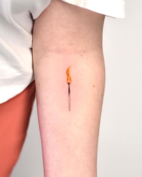 Burning match🔥 Bookings and consultations only through the link in my bio Thank you! | Instagram Book Of Matches Tattoo, Burning Book Tattoo, Candle Flame Tattoo, Burning Match Tattoo, Burn Tattoo, Tattoo 2023, Small Forearm Tattoos, Flame Tattoos, Book Tattoo