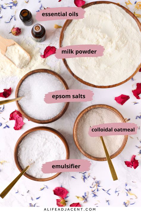 Milk Bath Recipe (6 Nourishing DIY Milk Baths for Soft Skin) How To Make Milk Bath, Oat Milk Bath Recipe, Diy Bath Milk, Cleopatra Milk Bath Recipe, Mineral Bath Soak Diy, Homemade Bath Soak, Bath Salt Packaging Ideas, Bath Milk Recipe, Bath Salts Packaging