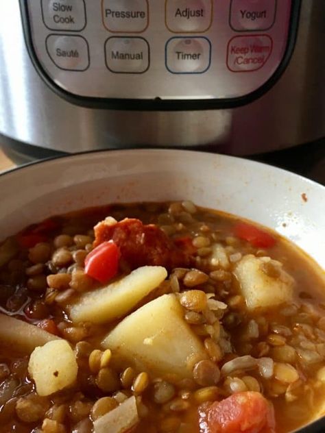 Instant Pot Spanish Lentil Soup (Lentejas) - Feisty Tapas Duo Crisp Recipes, Instant Pot Duo Crisp Recipes, Spanish Lentil Soup, Pressure Cooker Soup, Pressure Cooker Soup Recipes, Soup Recipes Uk, Lentils Instant Pot, Instant Pot Duo Crisp, Leek Potato Soup