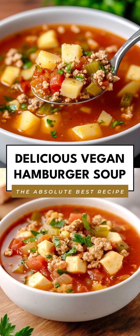 Image for Delicious Vegan Hamburger Soup Vegan Hamburger Soup, Ground Beef Soup Recipes Dairy Free, Plant Based Hamburger Recipes, Vegan Soups And Stews, Vegan Soup Recipes Healthy, Soup Recipes Vegan, Healthy Hearty Soup, Vegan Hamburger, Classic Hamburger