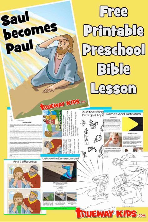 Saul becomes Paul. Free printable Bible lesson on the story of his conversion is found in Acts 9. Coloring pages, story, lesson guide, games and activities, crafts and more. Damascus road Saul To Paul, Jesus Preschool, Bible Lesson For Kids, Paul Bible, God Protects, Trueway Kids, Story Crafts, Daniel And The Lions, Preschool Bible Lessons