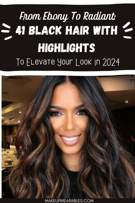 Black Hair With Highlights To Elevate Your Look Black Hair With Lowlights Balayage, Black Hair With Subtle Highlights, Black Hair With Caramel Highlights, Black Hair With Lowlights, Chocolate Brown Highlights, Black Hair With Brown Highlights, Dark Highlights, Highlights Curly, Highlights Curly Hair