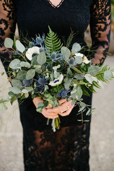 Boho Bridesmaid Bouquet, Thistle Wedding Flowers, Blue Bouquets, Fern Bouquet, Thistle Bouquet, Thistle Wedding, Dark Green Wedding, Fern Wedding, Daughters Wedding