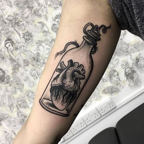 Heart Bottle Tattoo, In A Bottle Tattoo, Human Heart Tattoo, Tell Tale Heart, Rad Tattoos, Heart Bottle, A Human Heart, Anatomical Heart Tattoo, Arm Tats