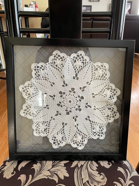 Totally handcrafted - this heirloom piece will compliment any wallhanging or looks great alone.   Any doily on the MomandMariaDoilies site can be used, except for the > 12 inch in diameter doilies.  You provide the colors and I will craft. The 2 shown are $100 each.  Larger items can me made to order. Framed Doilies Wall Art, Framed Doilies, Doily Art, Crochet Wall Art, Doilies Crafts, Old Picture Frames, Lace Crafts, Burlap Crafts, Lace Decor