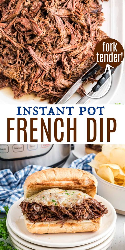 Tender roasted, French Dip Sandwiches cooked in the Instant Pot. Piled on a crusty french roll with extra cheese, this flavorful dinner is then dipped in au jus! Easy French Dip Sandwiches, Instant Pot French Dip Sandwiches, French Dip Recipe, Jus Sauce, Instant Pot French Dip, French Dip Recipes, French Dip Sandwiches, Easy Sandwich, Beef Dip