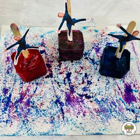 Hockey Art Preschool, Painting With Ice Preschool, Olympic Sensory Bin, Winter Sports Preschool Activities, Winter Sports Activities Preschool, Winter Process Art Preschool, Winter Preschool Themes, Sports Theme Art, Painting For Preschoolers