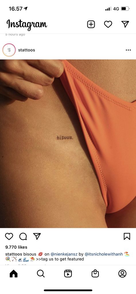 Intimate Tattoos For Women Hip, Pelvic Tattoo Women, Pant Line Tattoo, Hip Word Tattoo, Hip Tattoos Women Small Quotes, Fine Line Tattoo Hip, Small Pelvic Tattoos Women, Little Word Tattoos, One Word Tattoo Placement