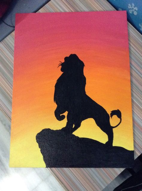 The Lion King! By Vatsala Shukla #canvas#acrylic#simba#disney#silhouette Lion King Diy Crafts, Disney Silhouette Painting, Simba Rafiki Drawing, Lion King Painting Ideas, Simba Painting, Lion King Painting, Lion King Canvas Painting, The Lion King Painting, Lion King Art Sketches