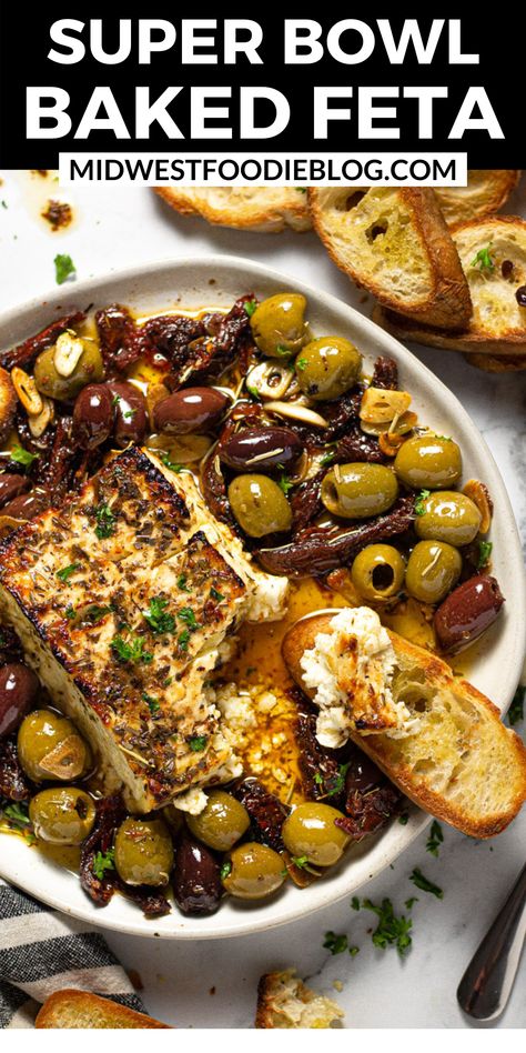 Saganaki Cheese Recipe, Baked Feta Appetizer, Baked Feta With Olives, Feta With Olives, Feta Appetizer, خبز فرنسي, Baked Feta Recipe, Feta Recipe, Homemade Jerky