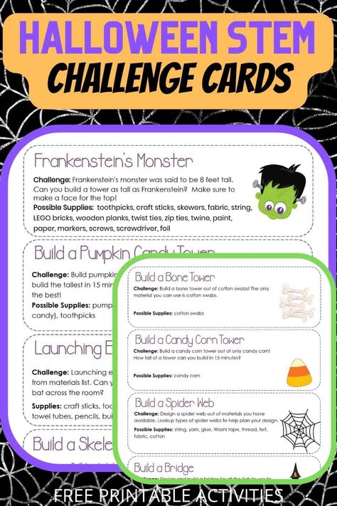 Halloween STEM Challenge Cards | Little Bins for Little Hands Stem Spider Web Challenge, Halloween Stem Challenges Elementary, Halloween Stem Middle School, Steam Halloween Activities For Kids, Halloween Steam Activities Elementary, Halloween Movement Cards, Halloween Science For Kids, Slime Recipe Halloween, Stem Challenge Cards