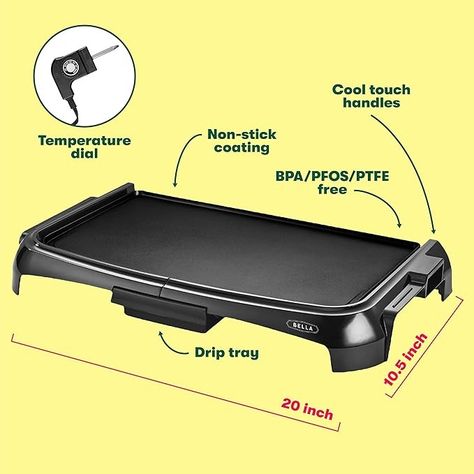 Amazon.com: BELLA Electric Griddle with Crumb Tray - Smokeless Indoor Grill, Nonstick Surface, Adjustable Temperature Control Dial & Cool-touch Handles, 10" x 16", Black: Home & Kitchen Florida Furniture, Electric Griddle, Indoor Grill, Electric Grill, Black Home, Small Kitchen Appliances, Tortillas, Juicer, Grilling