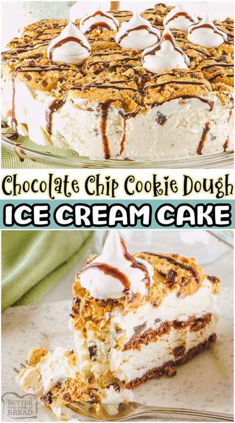 Chocolate Chip cookies & cookie dough combine in this fantastic Ice Cream Cake that everyone loves! Simple, 5 ingredient recipe that yields a spectacular cake perfect for chocolate chip cookie dough… Chipwich Ice Cream Cake, Cookie Dough Ice Cream Cake, Summertime Desserts, Chocolate Chip Cookie Dough Ice Cream, Fast Desserts, Cookie Dough Ice Cream, Chocolate Cake Recipe Easy, Summertime Recipes, Easy Ice Cream