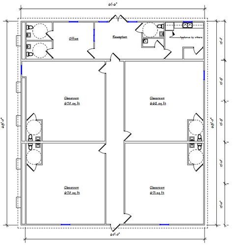 Daycare Floor Plans Layout Day Care, Daycare Center Layout Floor Plans, Barndominium Daycare, Daycare Blueprints, Small Daycare Floor Plans, Daycare Exterior, Daycare Layout Floor Plans, Daycare Building Plans, Daycare Center Layout