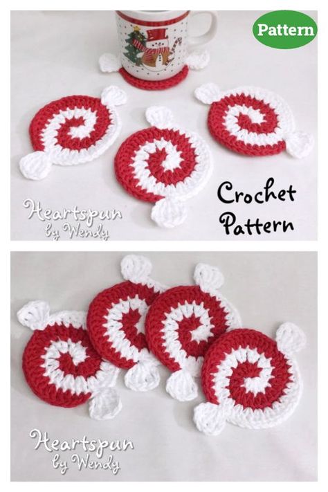 Christmas Peppermint Candy Pinwheel Coaster Crochet Pattern Crochet Peppermint Coasters, Ghost Crochet Pattern, Ghost Crochet, Coaster Crochet Pattern, Holiday Crochet Patterns, Coasters Crochet, Coaster Crochet, Christmas Peppermint, Holiday Coasters