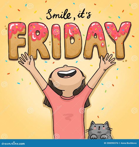 Illustration It`s friday funny girl with a cat Friday Jokes, Good Morning Sun, Friday Funny, Funny Friday, Friday Images, Good Morning Happy Friday, Happy Friday Quotes, Weekend Quotes, Good Morning Animation