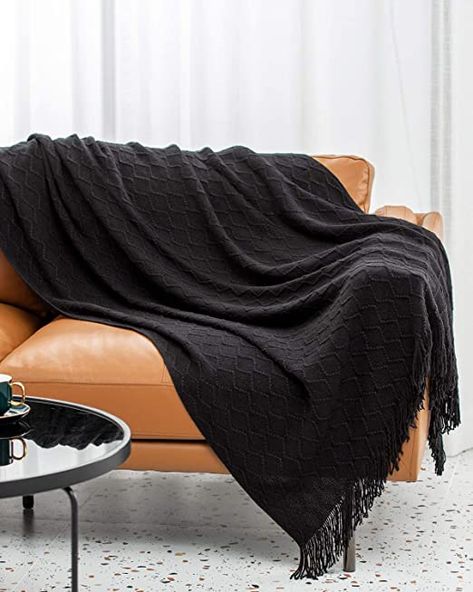 SPAOMY Throw Blanket, Knit Blanket with Tassels, Textured Cozy Lightweight Decorative Throw Blanket for Couch, Bed, Sofa, Travel- All Seasons (50x60 Inch, Black) Black Throw Blanket On Bed, Tan Couch, Blanket With Tassels, Brown Leather Couch, Beige Throws, Decorative Throws Blanket, Textured Bedding, Couch Throw Blanket, Black Throws