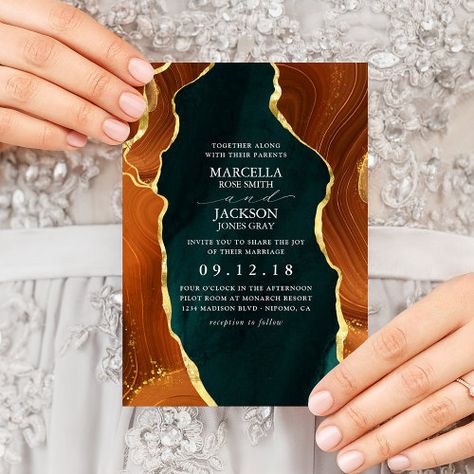 $3.08 | Teal, Burnt Orange & Gold Agate Wedding Invitation #wedding, gold, watercolor, elegant, agate, marble, chic, stone, orange, teal Burnt Orange Weddings Decorations, Orange Wedding Decorations, Wedding Invatations, Moving Announcement Postcard, Orange Wedding Invitations, Rehearsal Invitations, Burnt Orange Weddings, Agate Wedding, Emerald Green Weddings