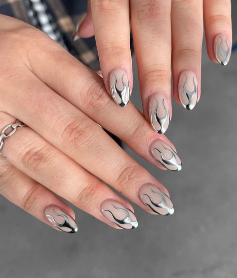 Flaming chrome tips 🔗❤️‍🔥⛓️ @cmp_beautysupplies gel polishes used: 🩶barely there - - - - - - #nails #nailart #chromenails #chrome #silver #silvernails #flamenails #longnails #beauty #salon #naildesign #nailinspo #cosmetics #salon #smallbusiness #perth #silverchrome Silver Chrome Flame Nails, Silver Flame Nails, Chrome Accent Nail, Silver Chrome Nails, Chrome Tips, Chrome Silver, Silver Nails, Accent Nails, Nails Inspo