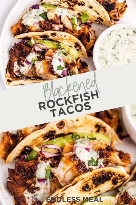 Red Rock Fish Recipes, Rock Fish Tacos Recipe, Rick Fish Recipes, Rock Fish Recipe Healthy, Blackened Fish Tacos With Cabbage Slaw, Grilled Rockfish Recipes, Rockfish Recipes Baked, Rockfish Tacos Recipe, Baked Rockfish Recipes