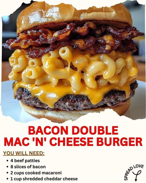 Easy Recipes By Crenn | Bacon Double Mac 'n' Cheese Burger 🍔🥓🧀 | Facebook Burger With Mac And Cheese, Mac N Cheese Burger, Bacon Cheeseburger Mac And Cheese, Baked Bacon Cheeseburger Mac And Cheese, Bacon Cheese Burger Mac And Cheese, Bacon Cheese Burger, Mac And Cheese Burger, Lunch Items, Beef Patties