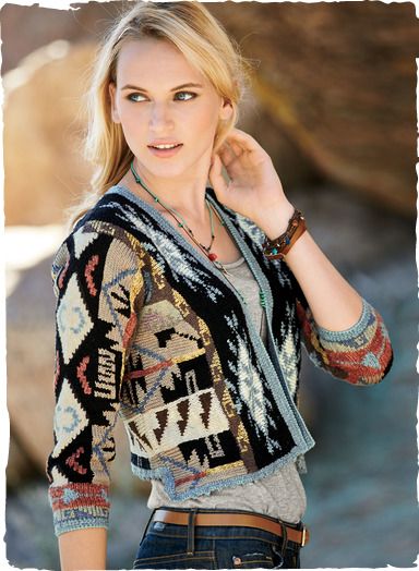 Pesky's Peruvian Magic // Expensive site but all sorts of cool clothes and accessories // A southwestern sand painting patterns our adorable cropped pima cardigan in rich desert hues. This collectible art knit is minimally styled ... Sand Pattern, Art Knit, Painted Desert, Peruvian Connection, Sand Painting, Fair Isle Knitting, Kinds Of Clothes, Beautiful Knitting, Cotton Cardigan