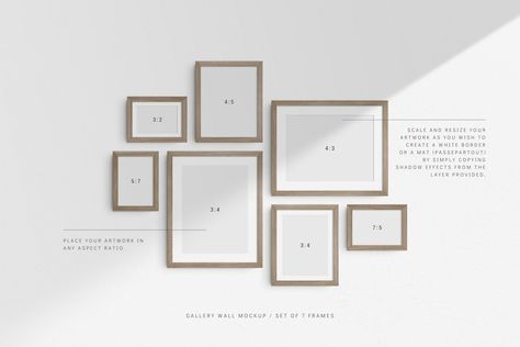 Gallery Wall Mockup 02-03 Frame Mockup Template PSD Wall Art Mockup Set of 7 Frames Mat Passepartout Shadow Overlays - Etsy Canada 5 By 7 Photo Wall, Narrow Wall Gallery Ideas, 16x20 Gallery Wall Layout, Gallery Wall Layout With Sizes, Gallery Wall Template With Sizes Layout, Photo Wall Inspiration, Picture Wall Layout, Modern Wall Gallery, Gallery Wall Sizes