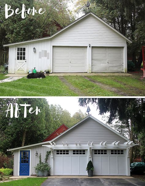 I'm not one to draw projects out. When I get set on doing something I like to focus on it like a laser and pound it out until it's finished... White Garage, Garage Pergola, House Makeovers, Garage Renovation, Garage Door Makeover, Garage Door Design, Garage Remodel, Home Exterior Makeover, Exterior Renovation