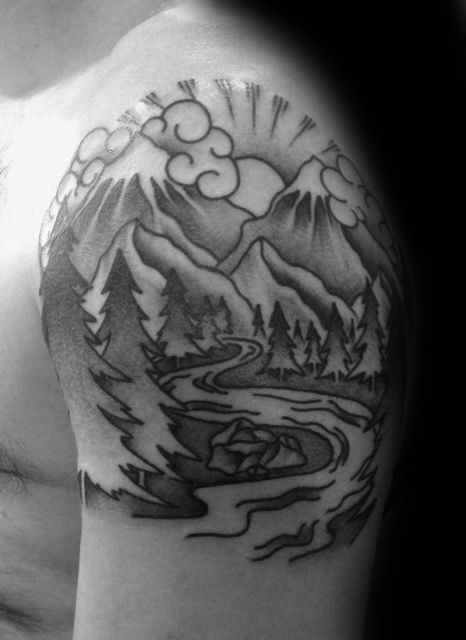 40 Traditional Mountain Tattoo Designs For Men - Old School Ink Ideas River Tattoo, Berg Tattoo, Mountain Tattoo Design, Natur Tattoo Arm, Old School Ink, Nature Tattoo Sleeve, Water Tattoo, Tattoos For Women Half Sleeve, Mountain Tattoo